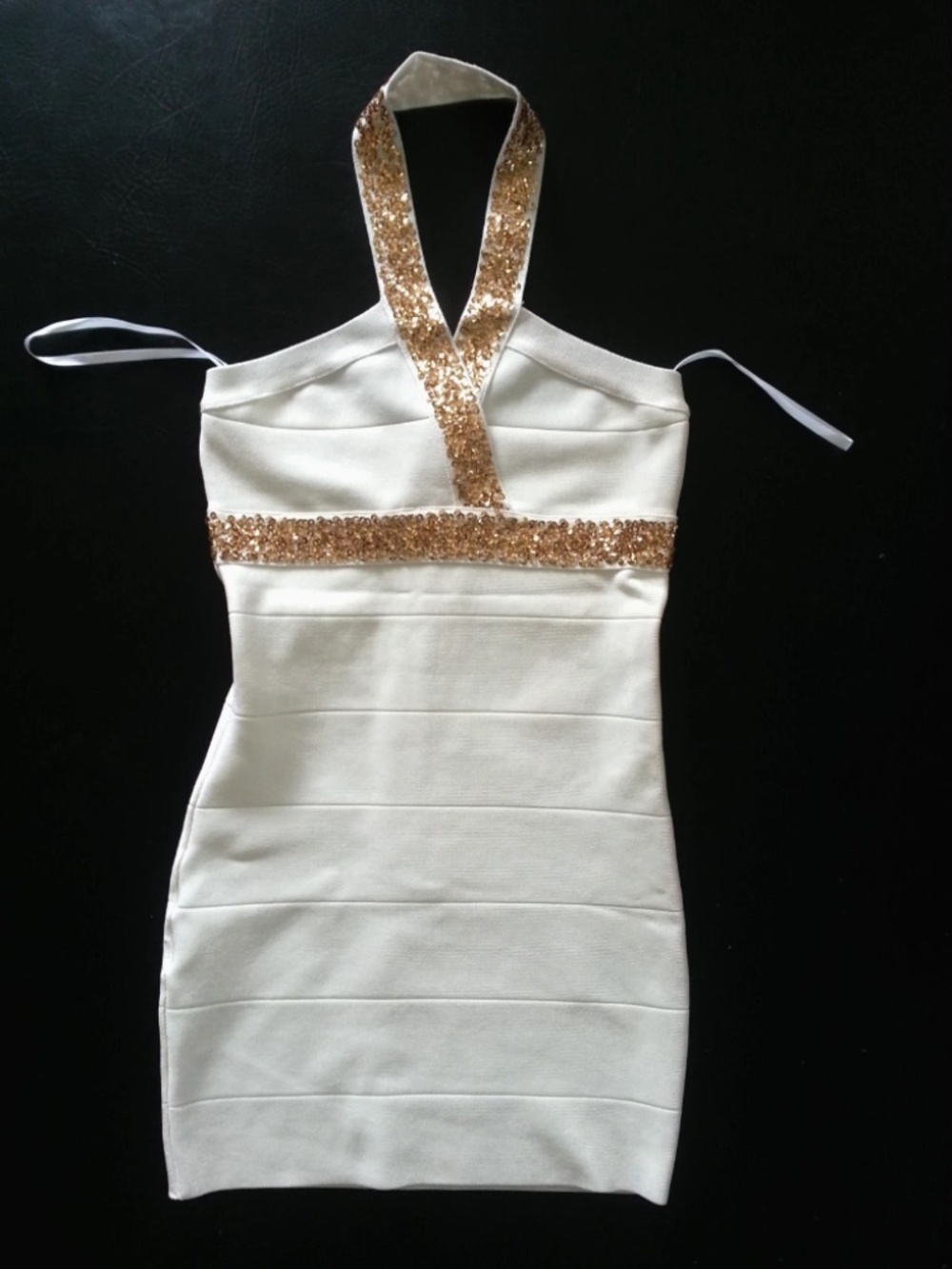 New bebe ivory white gold sequin zip halter bandage top dress